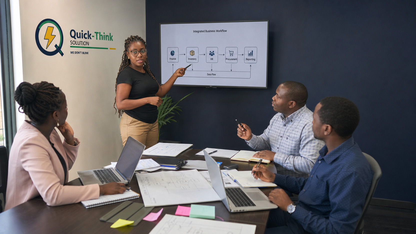 Systems consultant mapping a tailored implementation workflow with client representatives