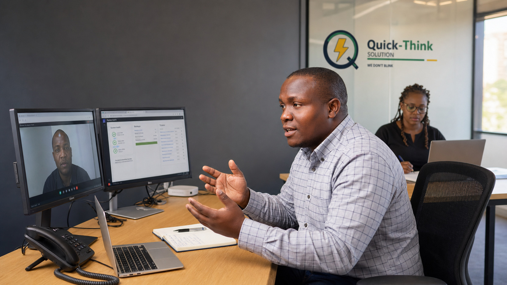 Support specialists assisting a client while monitoring system health, backups and service continuity