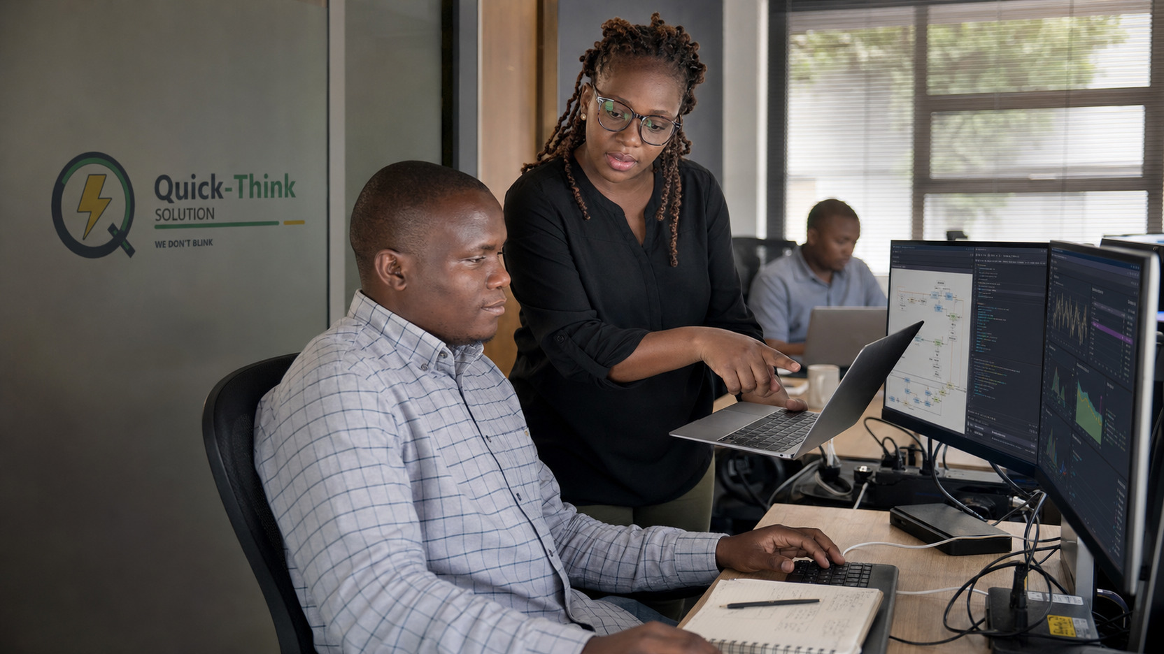 Software engineers reviewing system architecture, integrations and service health across connected development screens